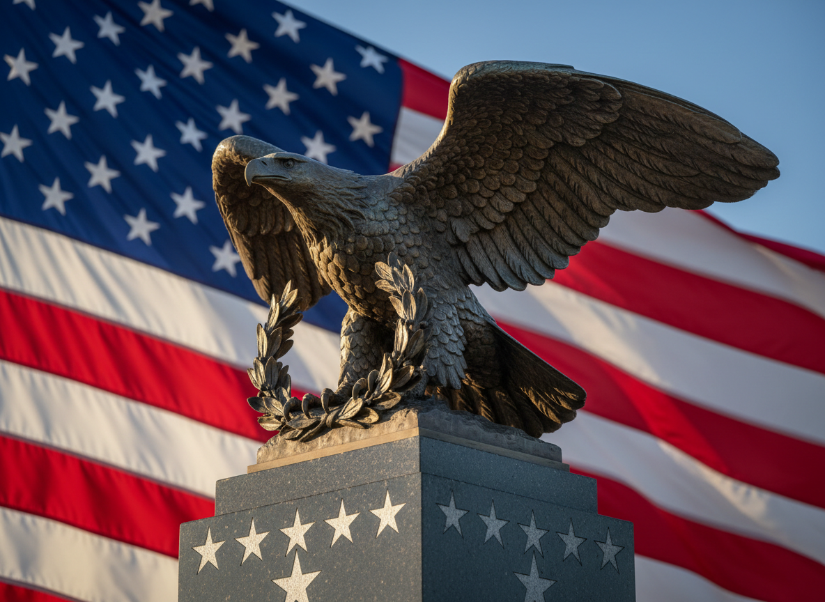 A bold, photorealistic image of a weathered bronze American bald eagle sculpture gripping a finely detailed laurel wreath, perched atop a dark granite pedestal engraved with crisp, silver stars and stripes. The pedestal stands in front of a large, sharply rendered U.S. flag fabric, slightly rippling, its deep navy, bright white, and rich crimson threads clearly visible. Dramatic side lighting, like late afternoon sun, carves strong highlights along the eagle’s wings and casts a powerful shadow across the stone. Shot at a low angle to emphasize strength and resolve, with a shallow depth of field softening the flag in the background. The mood is bold, patriotic, and resolute, with a clean, modern photographic realism that feels like a powerful campaign centerpiece without any human presence.