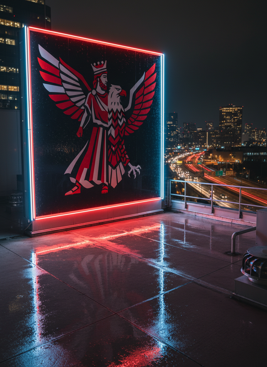 A night-time, photorealistic scene of a modern city rooftop where a large, glossy campaign-style billboard dominates the frame. The billboard shows a graphic fusion of a stylized Cyrus the Great winged emblem and an abstracted American eagle, both rendered in sharp red, white, and deep navy against a matte-black background. Neon-red and cool-white edge lighting around the billboard frame creates a glowing halo, reflecting on nearby metal railings and concrete surfaces. The city skyline beyond is softly blurred, peppered with glowing windows and distant traffic streaks. Shot from a slightly low, three-quarter angle to make the billboard tower powerfully, the atmosphere is bold, urgent, and forward-looking. The composition uses rule-of-thirds for dynamic tension, with crisp photographic realism and high contrast emphasizing political energy without depicting any people.
