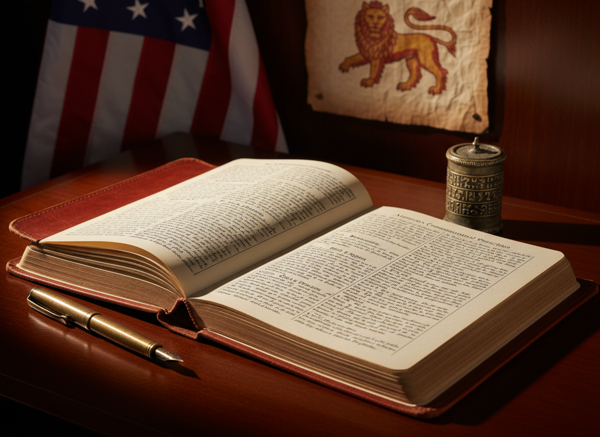 A meticulously detailed, photorealistic close-up of a polished wooden desk surface, where an open, leather-bound notebook lies flat, its creamy pages filled with precise, handwritten notes on American constitutional principles. Beside it rests a vintage bronze fountain pen and a small cast-metal Cyrus the Great cylinder replica with intricate cuneiform carvings. In the blurred background, a large American flag hangs beside an Iranian lion-and-sun emblem rendered on thick parchment. Warm, directional desk-lamp lighting pools over the notebook, creating rich highlights on the leather and gentle shadows in the paper’s subtle texture. Framed at a three-quarter angle with shallow depth of field, the image feels contemplative yet determined, communicating thoughtful strategy and a bridge between ancient Persian heritage and American values, all in a bold, clean photographic style.