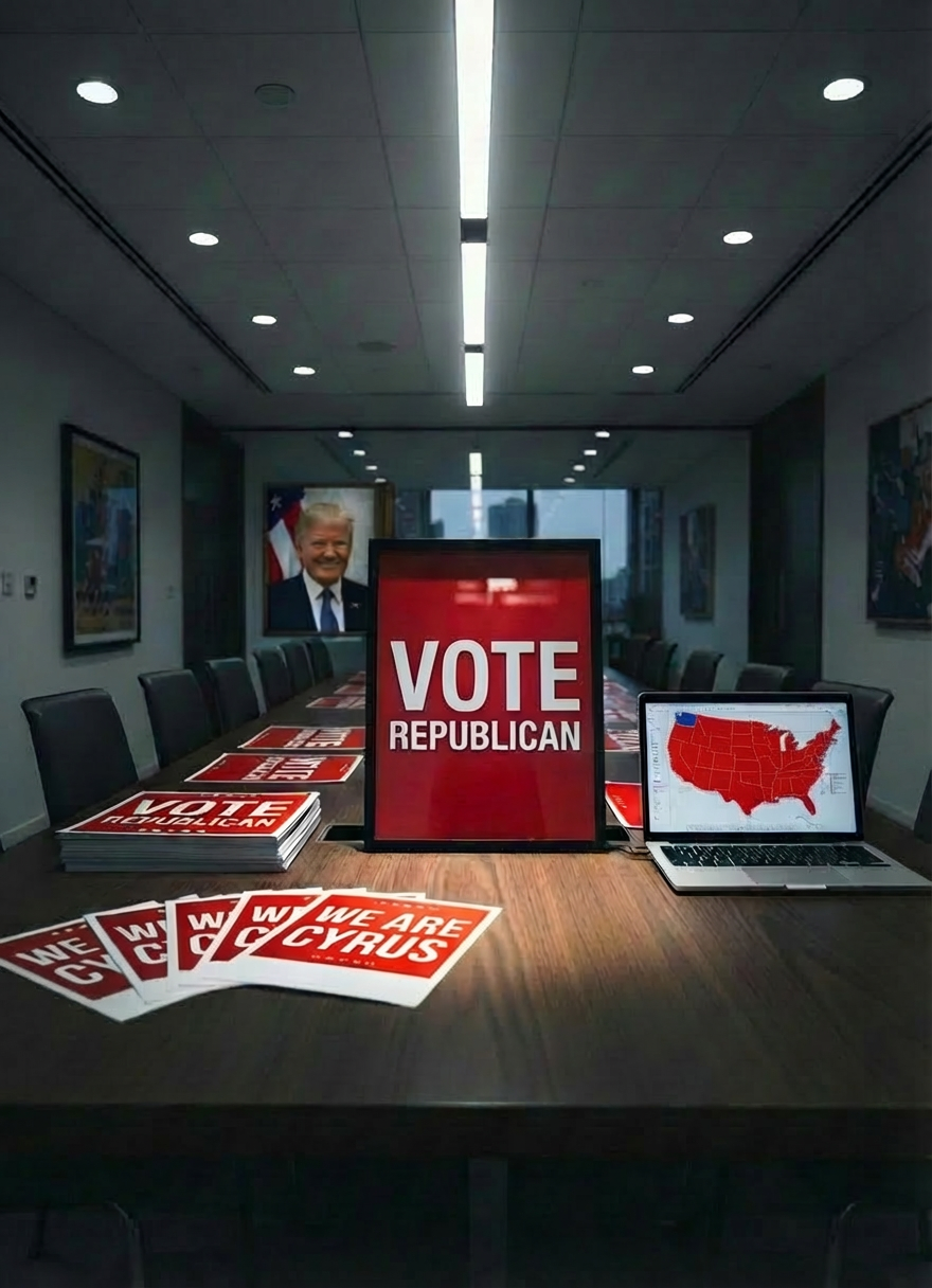 A photorealistic interior shot of a sleek, modern strategy room featuring a large, dark-wood conference table covered with meticulously arranged campaign materials. There are crisp, tri-fold brochures showing stylized American flags and Persian-inspired geometric motifs, bold red-and-navy yard signs stacked neatly, and a heavyweight poster reading “We Are Cyrus” in sharp, metallic lettering. Beside them, a laptop screen displays detailed electoral maps glowing in blues and reds. Overhead, recessed LED lighting casts clean, even illumination, while a subtle spotlight highlights the central slogan poster, creating a focused pool of brightness and soft surrounding shadows. Captured from a slightly elevated angle with medium depth of field, the composition feels organized, decisive, and intensely purposeful, embodying a bold, data-driven GOP operation energized by Iranian-American heritage, all in crisp, modern photographic realism.