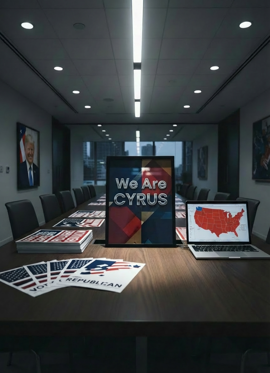 American values A photorealistic interior shot of a sleek, modern strategy room featuring a large, dark-wood conference table covered with meticulously arranged campaign materials. There are crisp, tri-fold brochures showing stylized American flags and Persian-inspired geometric motifs, bold red-and-navy yard signs stacked neatly, and a heavyweight poster reading “We Are Cyrus” in sharp, metallic lettering. Beside them, a laptop screen displays detailed electoral maps glowing in blues and reds. Overhead, recessed LED lighting casts clean, even illumination, while a subtle spotlight highlights the central slogan poster, creating a focused pool of brightness and soft surrounding shadows. Captured from a slightly elevated angle with medium depth of field, the composition feels organized, decisive, and intensely purposeful, embodying a bold, data-driven GOP operation energized by Iranian-American heritage, all in crisp, modern photographic realism.